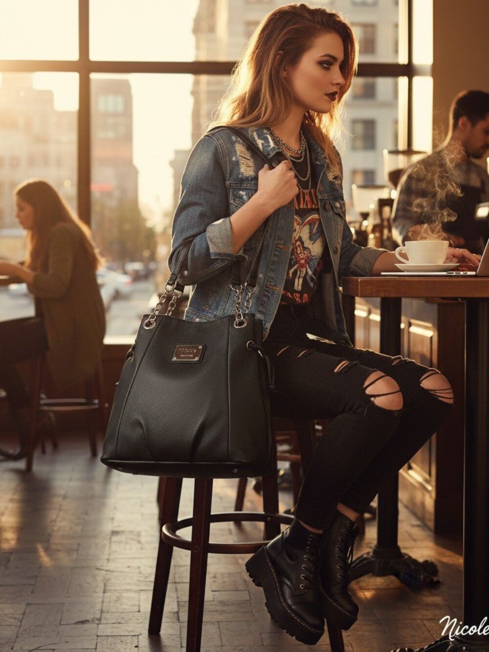 Nicole Miller Black Leather Shoulder Bag - Y2K edgy yet classic Grunge Chic 90's - Picture 4 of 15